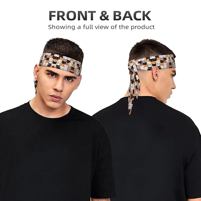 Men's Women Lovely Sports Sweat Band Hair Decor for Sports Workout Spa, Long Boho Style Cute Cat Kitten Head Cartoon Cats Head Ribbon Headwear