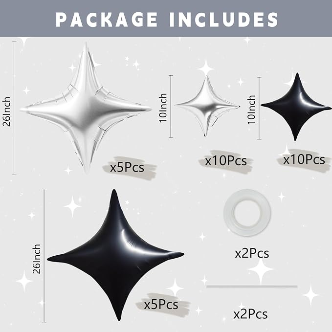 TONIFUL 30Pcs Four Pointed Star Balloon 26In&10In Black Silver Foil Balloon | - Image 2