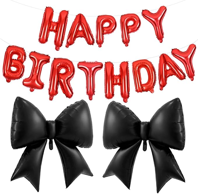 Vuzvuv Black Happy Birthday Balloons, 38 Inches Huge Red Bow Aluminum Foil by Vuzvuv