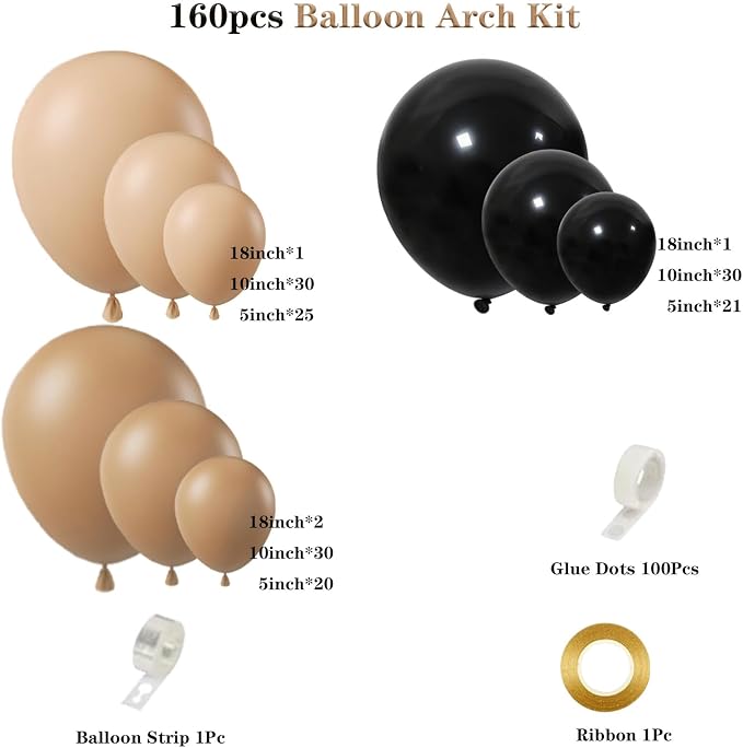 160Pcs Black Brown Nude Balloon Garland Arch Kit Dark Brown Nude Tan Black - Image 2