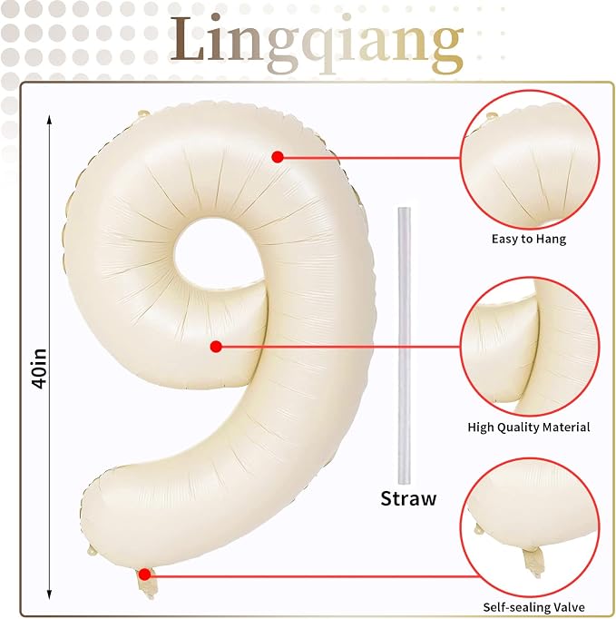 40 Inch Balloon Number 9 Beige, Large Cream Foil Number Balloons Set 0-9 - Image 3