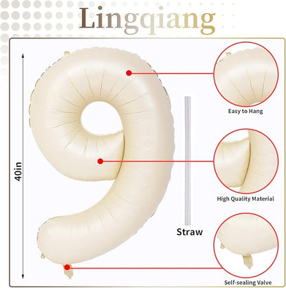 40 Inch Balloon Number 9 Beige, Large Cream Foil Number Balloons Set 0-9 - Image 3