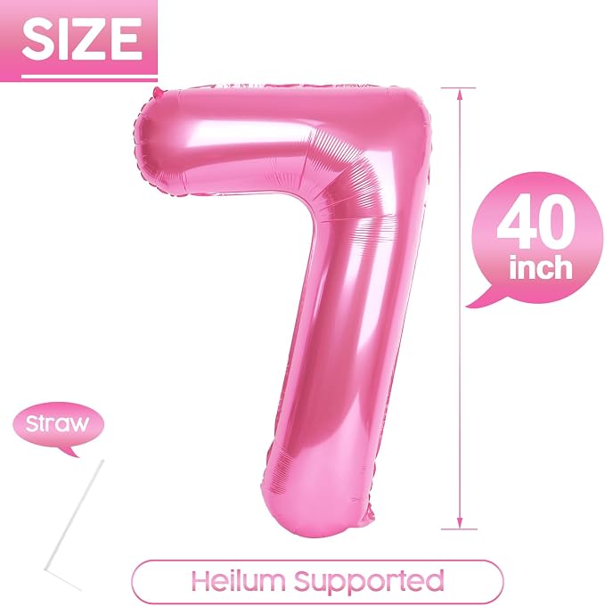 7 Balloon - Pink Birthday Number Balloons, 40 Inch Decorations Men Women | Pink - Image 5