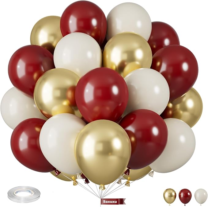 Red and Gold Balloons, 12 Inch Burgundy Gold Balloons, Maroon Balloons by Saxuxu