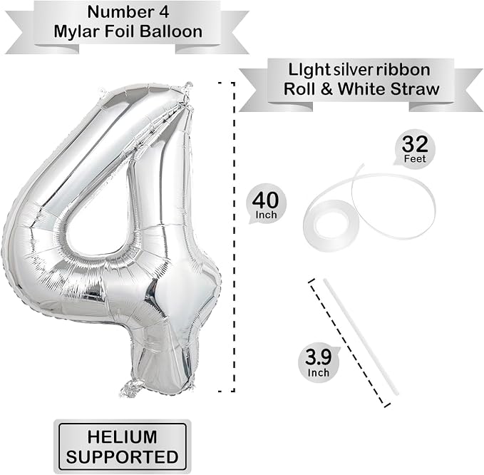 40 Inch Silver Number Balloons, Helium Mylar Foil Number Balloons - Image 3