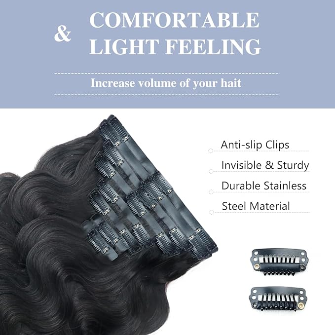 2 Pack 240g 16Pcs Body Wave Seamless Clip in Hair Extensions Real Human Hair Full Head 15A Remy Human Hair Clip ins with PU Skin Weft 16inch Natural Black
