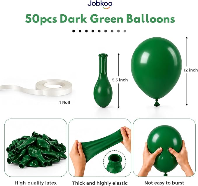Jobkoo Green Balloons, 12 Inch Dark Emerald Hunter Forest Green Balloon | Matte - Image 2