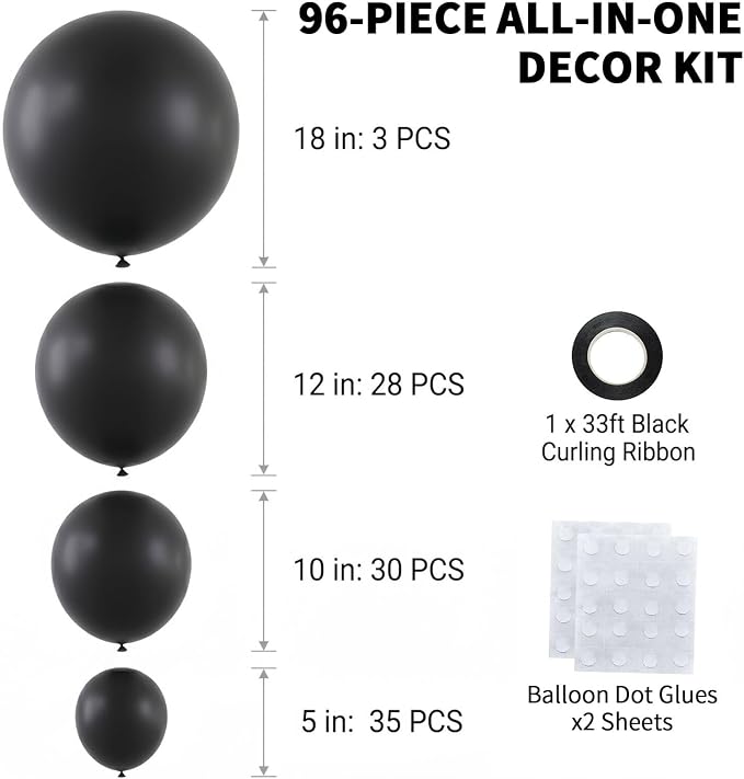 96Pcs 5/10/12/18 Inch Matte Black Latex Balloon Garland Arch Kit | Black - Image 2