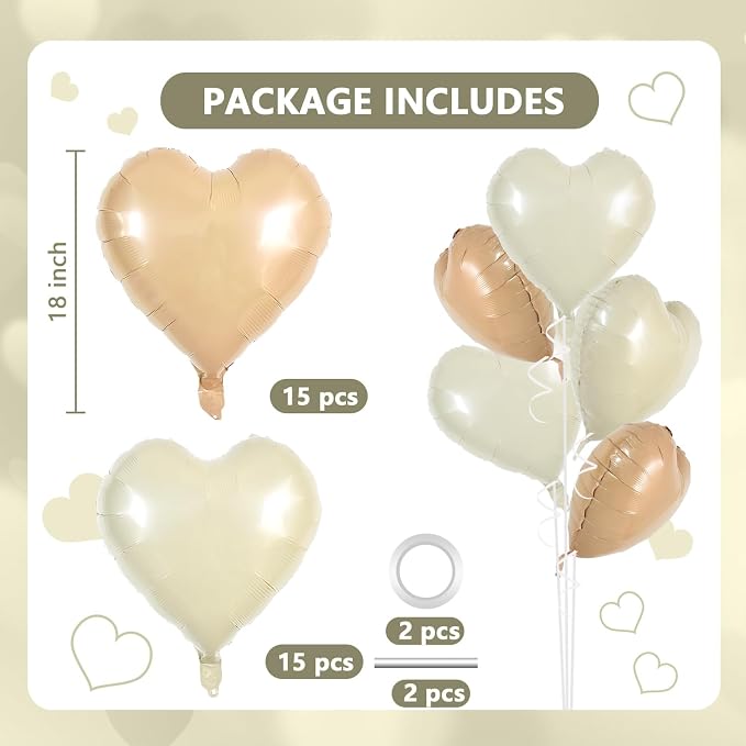 TONIFUL 30 Pcs Apricot White Heart Balloons 18Inch Heart Shape Foil Balloon | - Image 2