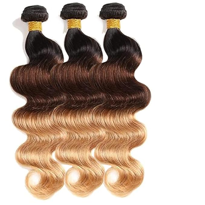 Ombre Blonde Bundles Human Hair T1B4/27 Body Wave Bundles 14 16 18 Inch Niegmeag Brazilian Virgin Remy Hair Extensions Double Weft 3 Tone Honey Blonde and Brown Bundle Hair Weave