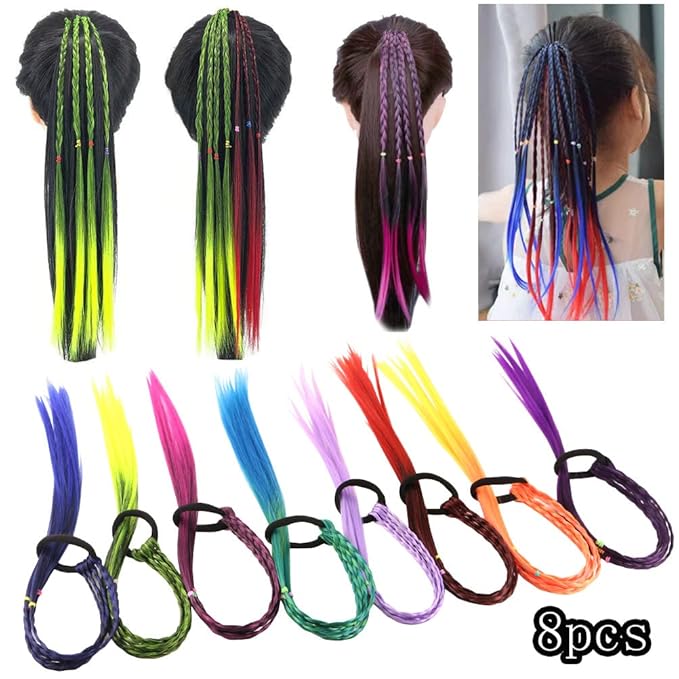 Colored Braids Hair Extensions with Rubber Bands Rainbow Braided Synthetic Hairpieces Ponytail Hair Accessories for Women Kids Girls Party Highlights Cosplay Dress Up (8PCS D Style)