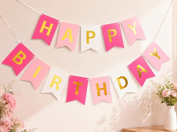 Letjolt Pink Rose White Happy Birthday Banner - Image 2