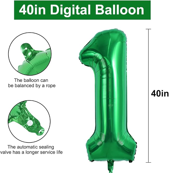 TONIFUL 40 Inch Dark Green Number 1 Balloons Large Foil 1st Birthday Decor | - Image 2