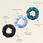 ZIMASILK 100% Mulberry Silk Hair Scrunchies – 19 Momme Elastic Silk Hair Ties for Women & Girls, Gentle No-Tug (3 Pack, Light Blue, Black, Peacock Blue)
