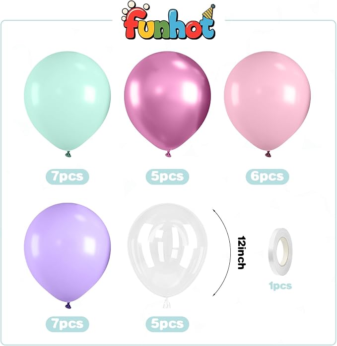 Mermaid Balloons, 12 Inch Pastel Pink Purple Green Clear Metallic Balloons - Image 2