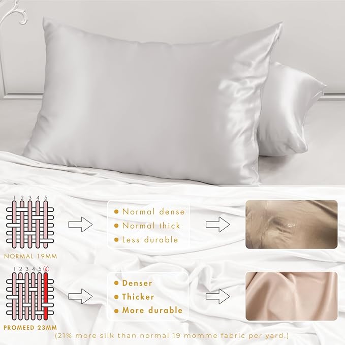 PROMEED 23 Momme Silk Pillowcase 2 Pack with Zipper, 3rd Gen Grade 6A+ 100% Mulberry Silk Pillow Case Set of 2, Cooling Pillow Cases for Hot Sleepers (Queen 20"x30", Light Grey)