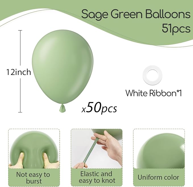 Sage Green Balloons 12 inch, Light Pastel Green Latex 50pcs Party Balloons | - Image 2