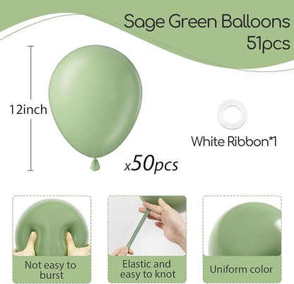 Sage Green Balloons 12 inch, Light Pastel Green Latex 50pcs Party Balloons | - Image 2