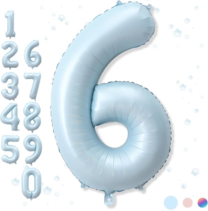 40 Inch 6 Balloon Number, Large Pastel Baby Sky Blue Foil Number 6 Balloons by Froova