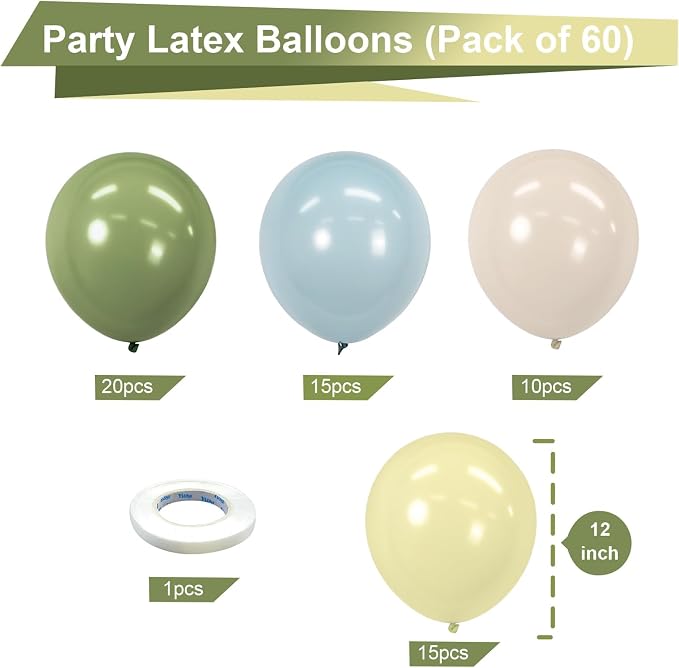 Bezente Dusty Blue Sage Green Pastel Yellow Latex Balloons Kit 60pcs 12-in | - Image 2