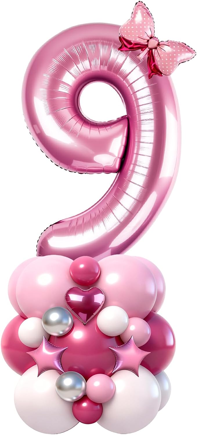40 Inch Pink Number 9 Balloon Tower Set, Pastel Number Nine Foil Balloon by Unknown