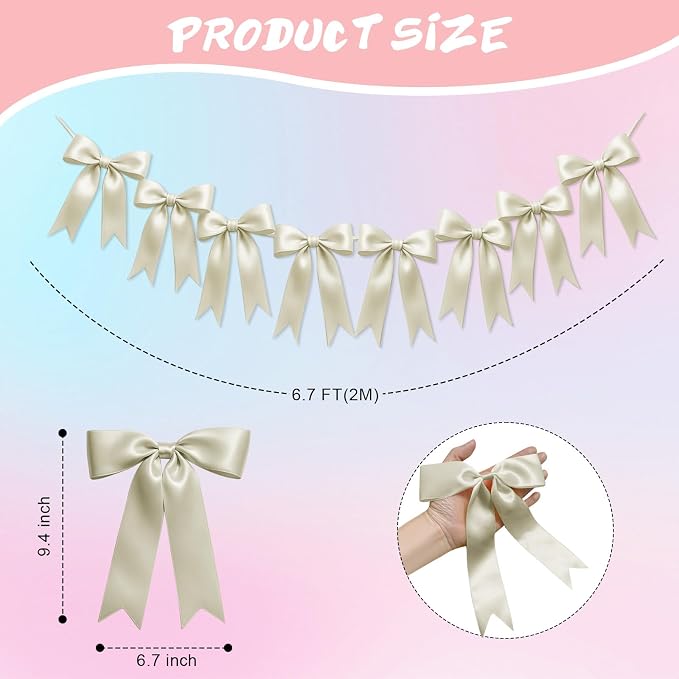 1 String of 8PCS Ivory White Bow Garland Banner Decoration, Pre-Strung Satin - Image 2