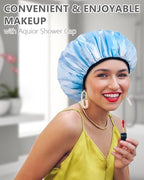 Aquior Shower Caps,Terry Lined Shower Cap for Women Reusable, Triple Layer Waterproof Bath Cap, Extra Large for Women Long Hair
