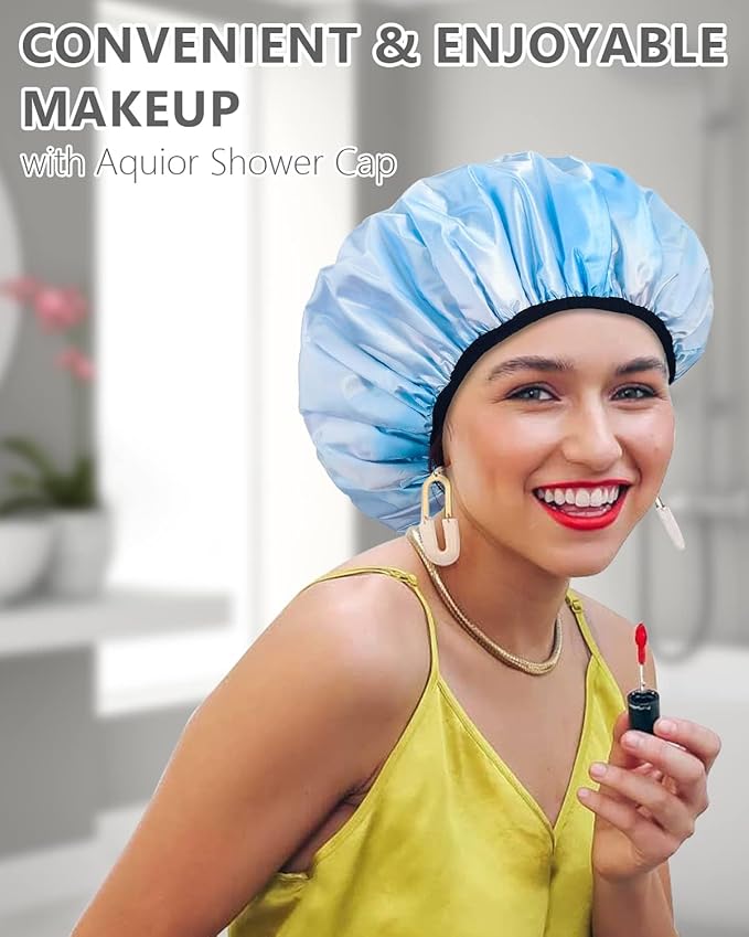 Aquior Shower Caps,Terry Lined Shower Cap for Women Reusable, Triple Layer Waterproof Bath Cap, Extra Large for Women Long Hair
