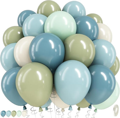 Boho Blue Green balloons, 12 Inch Sage Green Dusty Blue and Sand White Latex by TAOYE