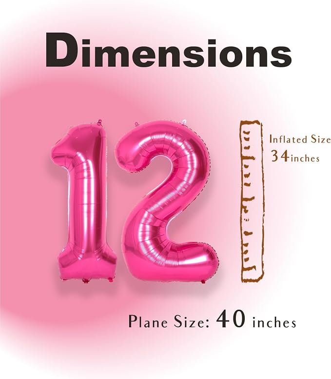 SUWEN 40 Inch Hot Pink Large 12 Number Balloons Big Foil Helium Number Balloons - Image 4