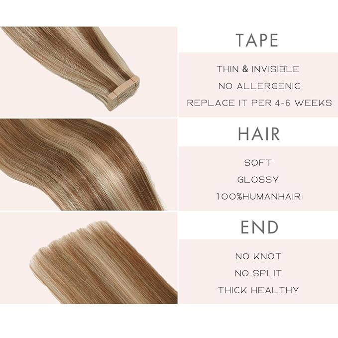 Tape in Extensions for Women 24 Inch Chestnut Brown to Blonde Highlight Real Hair Extensions for Thin Hair 20pcs Seamless Hair Extensions (P6/613#,24 Inch)
