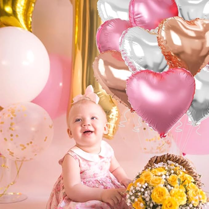 Rose Gold & Silver Heart Balloons，18 Inch Light Pink Foil Love Heart Shaped - Image 5