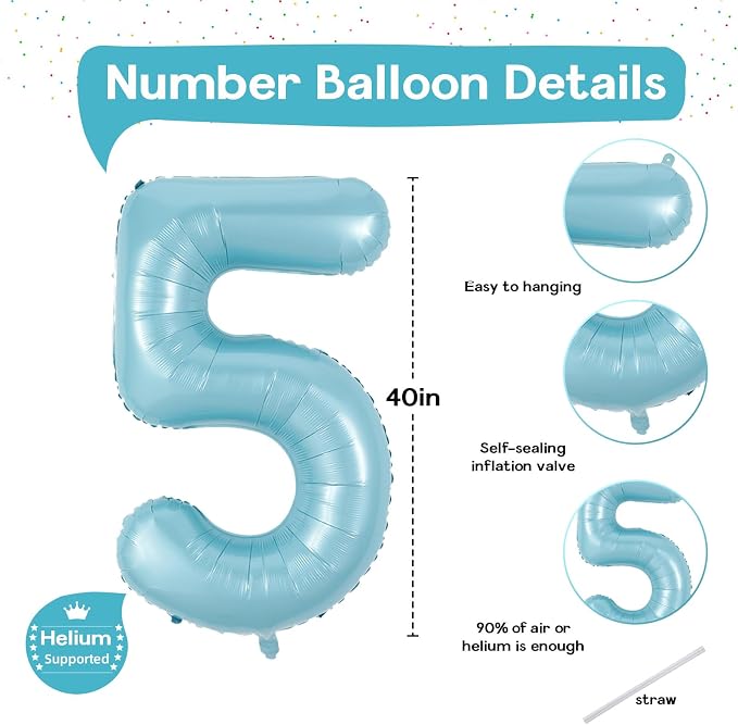 40 Inch Pastel Blue Number Balloons, Giant Self Inflating Foil 5th Birthday - Image 2