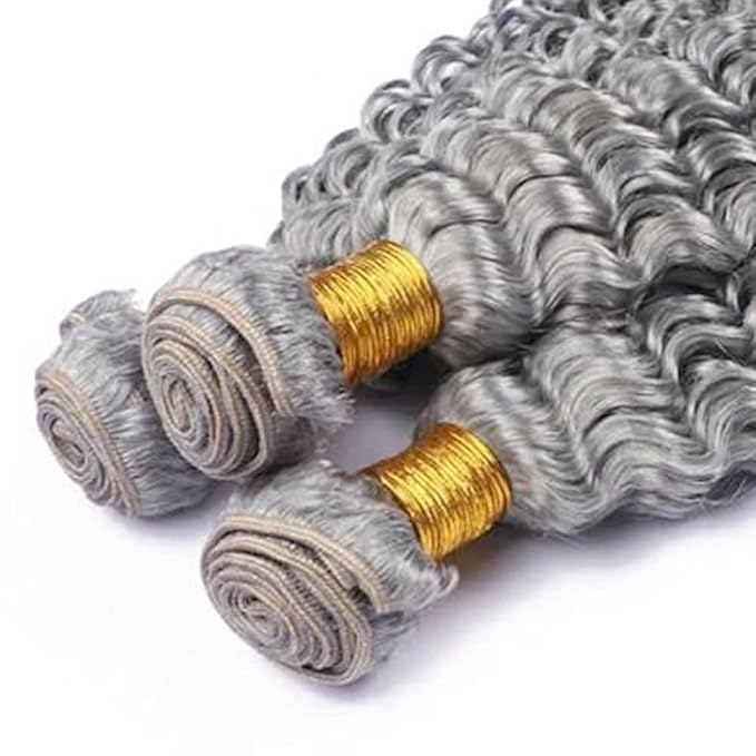 28 30 32 Inch Grey Bundles Human Hair Silver Deep Wave Bundles Niegmeag Brazilian Virgin Remy Hair Extensions Double Weft Soft And Silky Gray Deep Wave Bundle