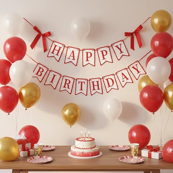 Red Happy Birthday Banner with Satin Bows - Image 2