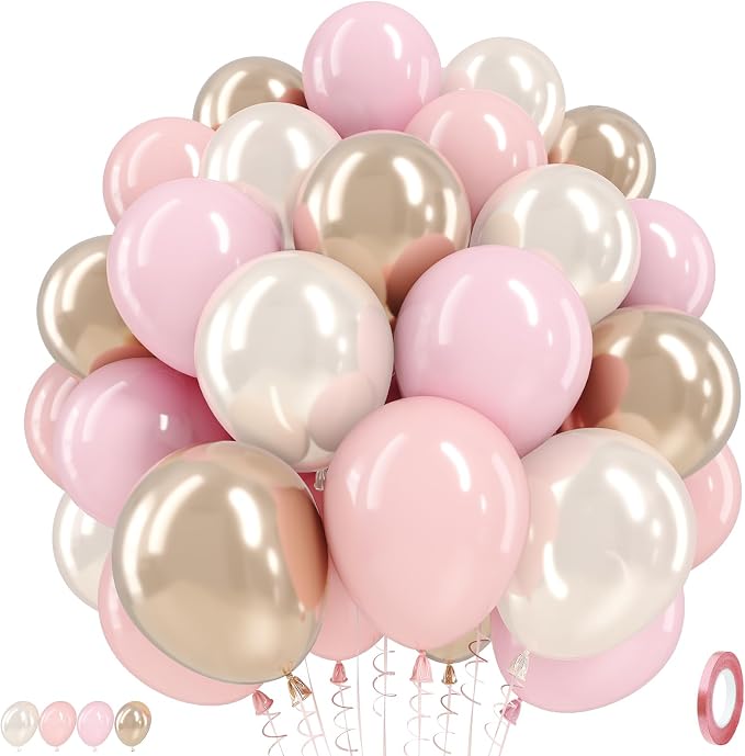 Pink and Gold Balloons, 12 Inch Pastel Light Pink and Pearl Sand White Latex by TAOYE