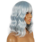 Short Bob Wigs with Bangs for Women Loose Wavy Wig Curly Wavy Shoulder Length Bob Synthetic Cosplay Wig for Girl Colorful Costume Wigs (Ice Blue)