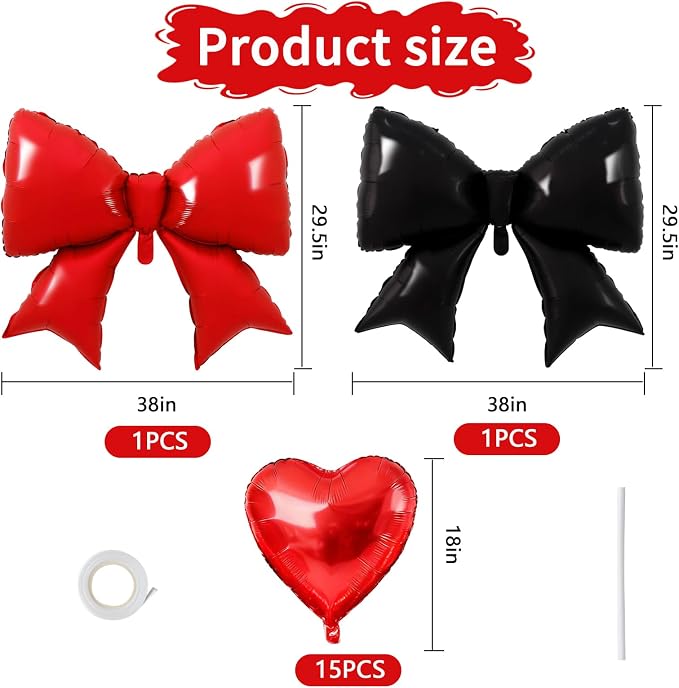 Vuzvuv Red Black Bow Heart Balloons Set, Anniversary, Bridal Shower, Girls - Image 2