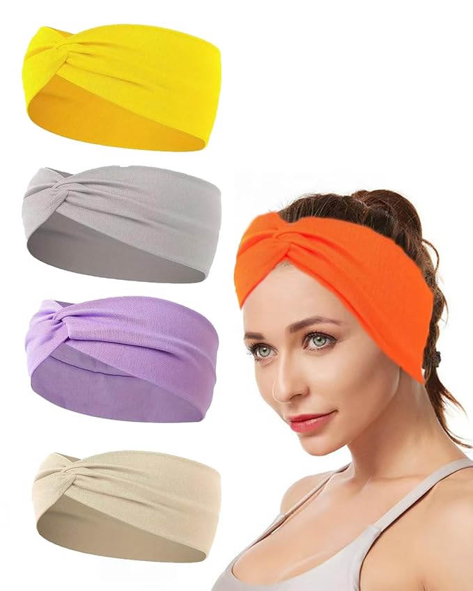 10 Pcs Wide Absorbent Sport Headbands for Women, Non-slip, Stretchy, Soft Cotton Twist Knotted Hair Bands for Daily Workout Yoga Running Sports, BC