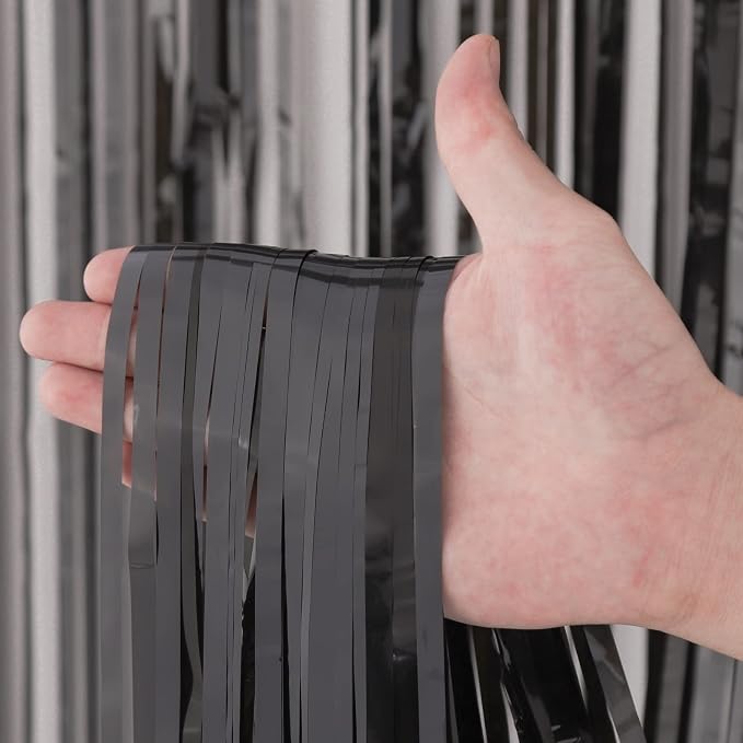 Voircoloria Black Foil Fringe Backdrop Curtains, 3 Pack | Tinsel Streamers - Image 2