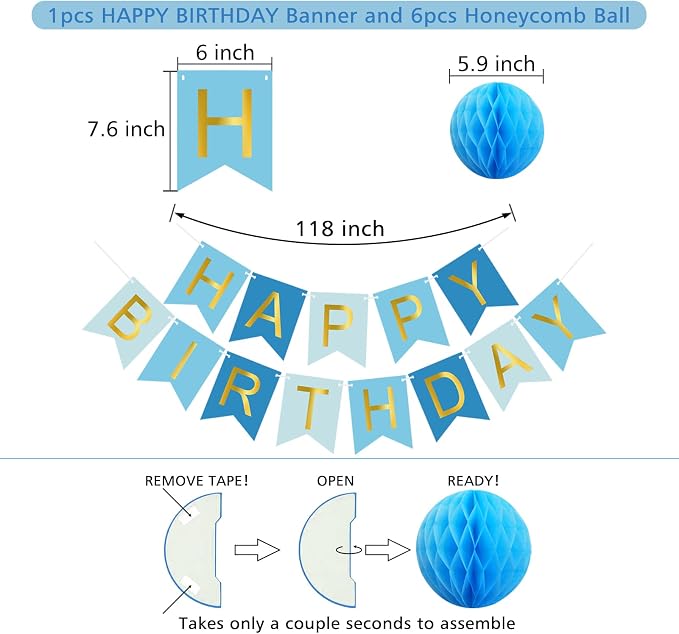 Blue Birthday Decorations with Happy Birthday Banner, Paper Honeycomb Balls - Image 3