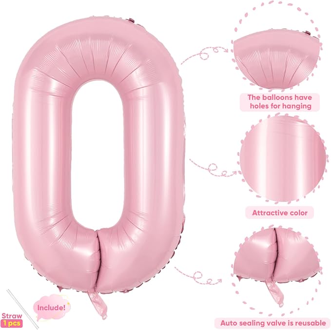 Light Pink 0 Balloon, 40 Inch Large Pastel Pink Foil Helium Number Balloons 0-9 - Image 3