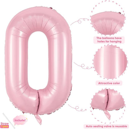 Light Pink 0 Balloon, 40 Inch Large Pastel Pink Foil Helium Number Balloons 0-9 - Image 3