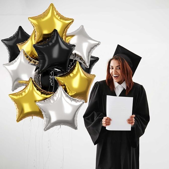 Black Gold Star Foil Balloons, 18 Inch 12Pcs Silver and Black Pentagram - Image 3