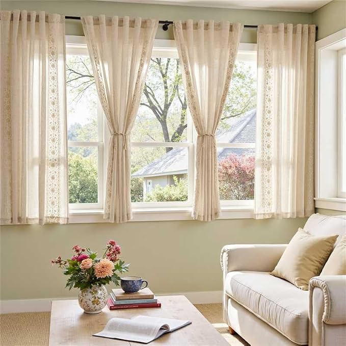 jinchan Floral Linen Curtains Embroidered Back Tab 50x63in 2 Panels Ivory | - Image 2