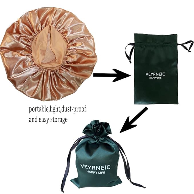 VEYRNEIC Hair Satin Bonnet for Sleeping Shower Caps Silk Chemo Caps with Wide Elastic Band Night Sleep Cap Bonnets for Black Women Braids with Satin Storage Bag (Gold)