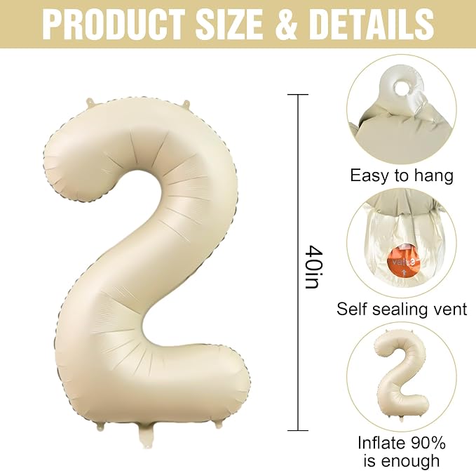 Number 2 Balloon Beige, 40 Inch Large Cream Foil 2 Helium Balloons - Image 2