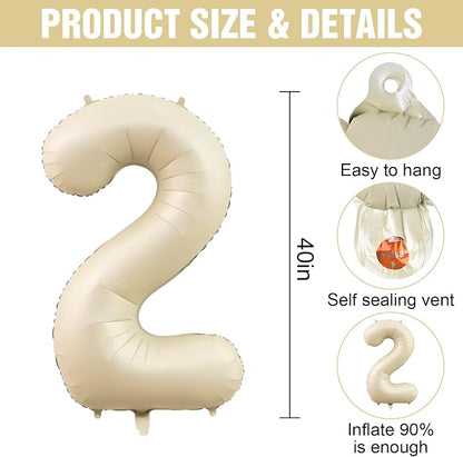 Number 2 Balloon Beige, 40 Inch Large Cream Foil 2 Helium Balloons - Image 2
