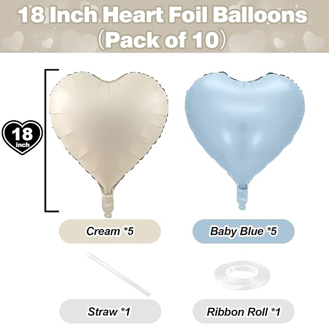 Blue White Heart Balloons, 18 Inch Baby Blue Cream Foil Heart Balloons - Image 2