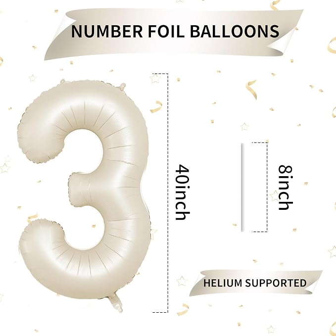 40 Inch Cream Number 3 Balloon, Digital 3 Cream White Giant 3 Foil Balloon - Image 2